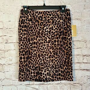 Michael Kors Cheetah Leopard Print Pencil Skirt Exposed Gold Zipper Dark Camel S